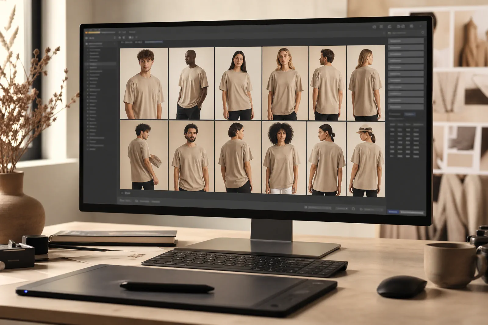 Monitor con una griglia di foto generate dall'AI: la stessa maglietta indossata da modelli diversi