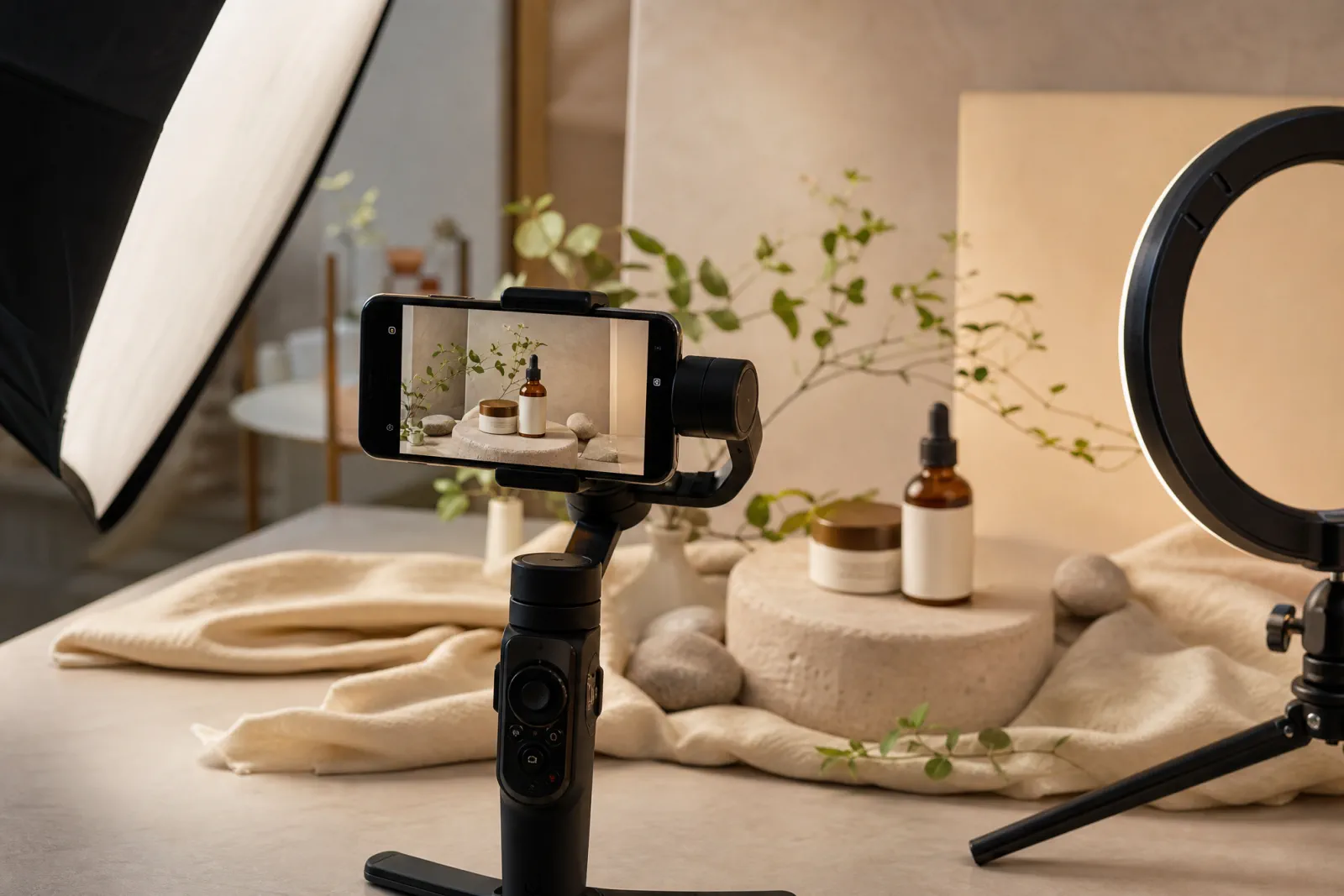 Produzione di contenuti social: smartphone su gimbal mentre filma un prodotto in studio