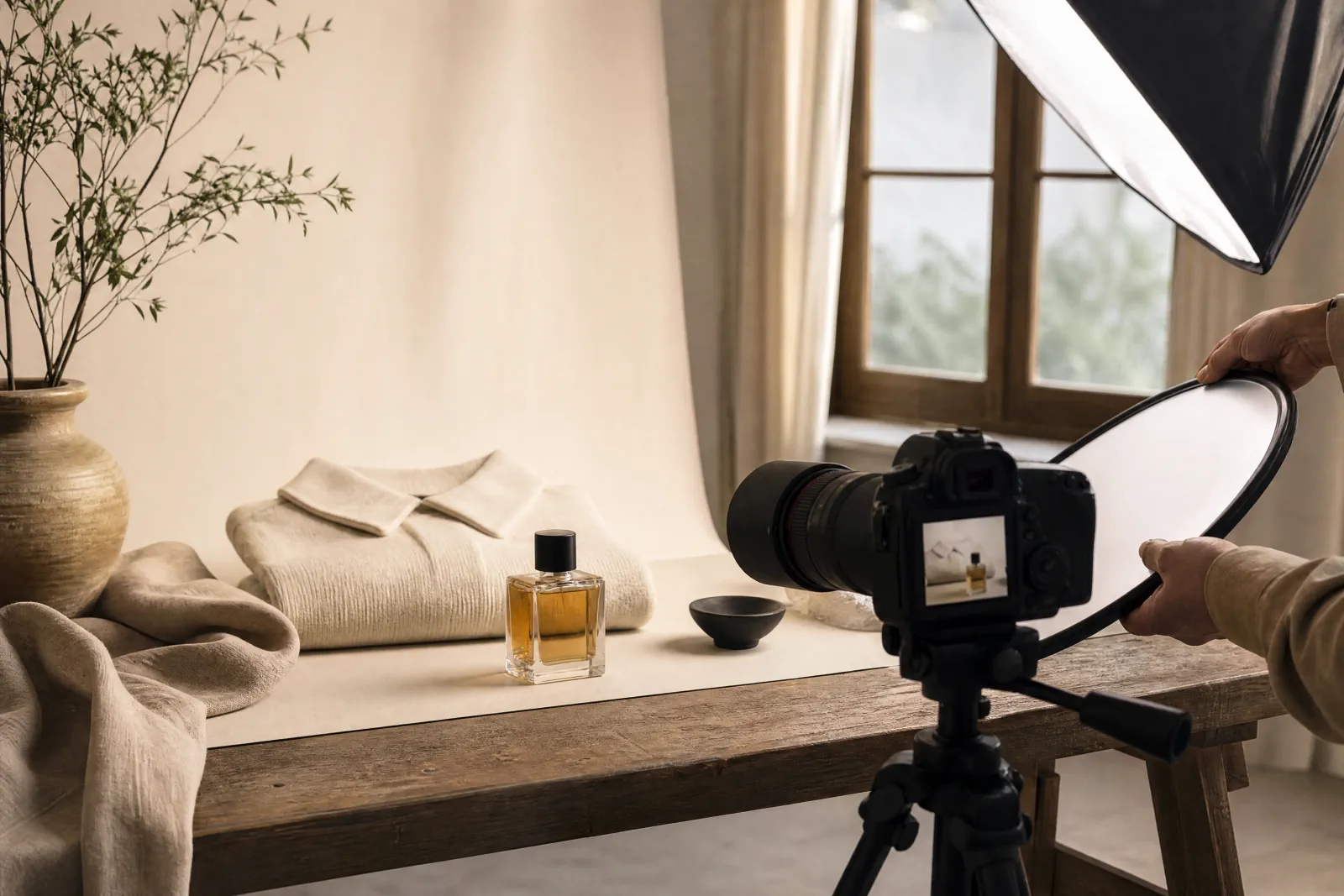 Set fotografico per e-commerce: fotocamera, softbox e prodotto su fondo neutral