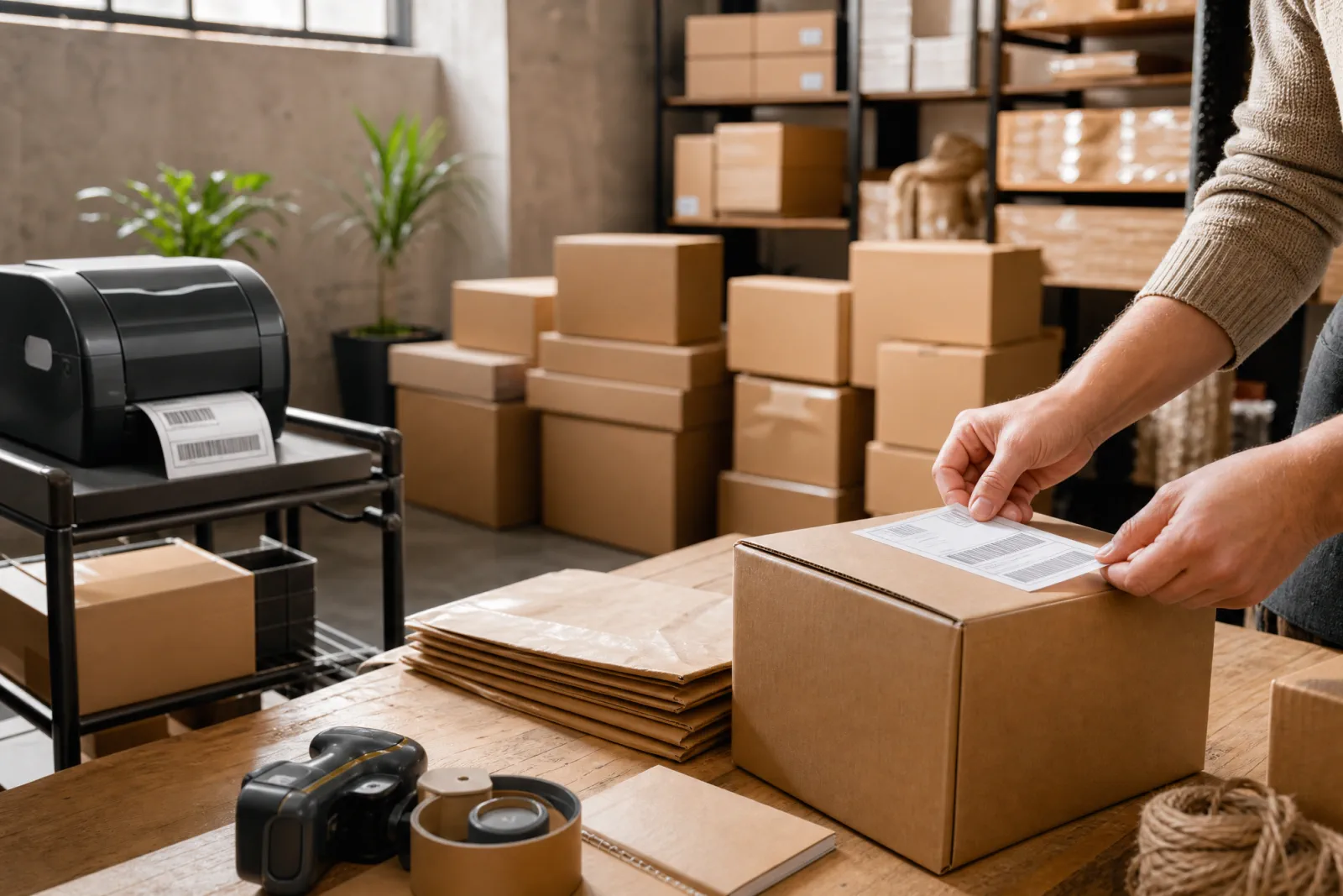 Angolo di magazzino e-commerce: pacchi pronti per la spedizione e stampa etichette