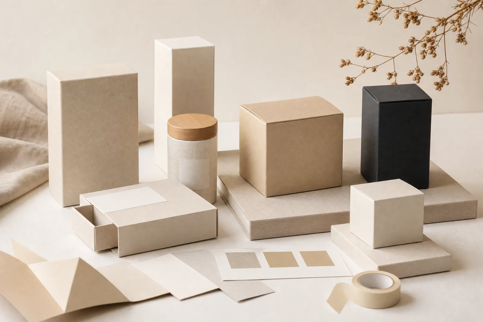 Design di packaging: scatole minime, etichette e prototipo di prodotto su superficie chiara