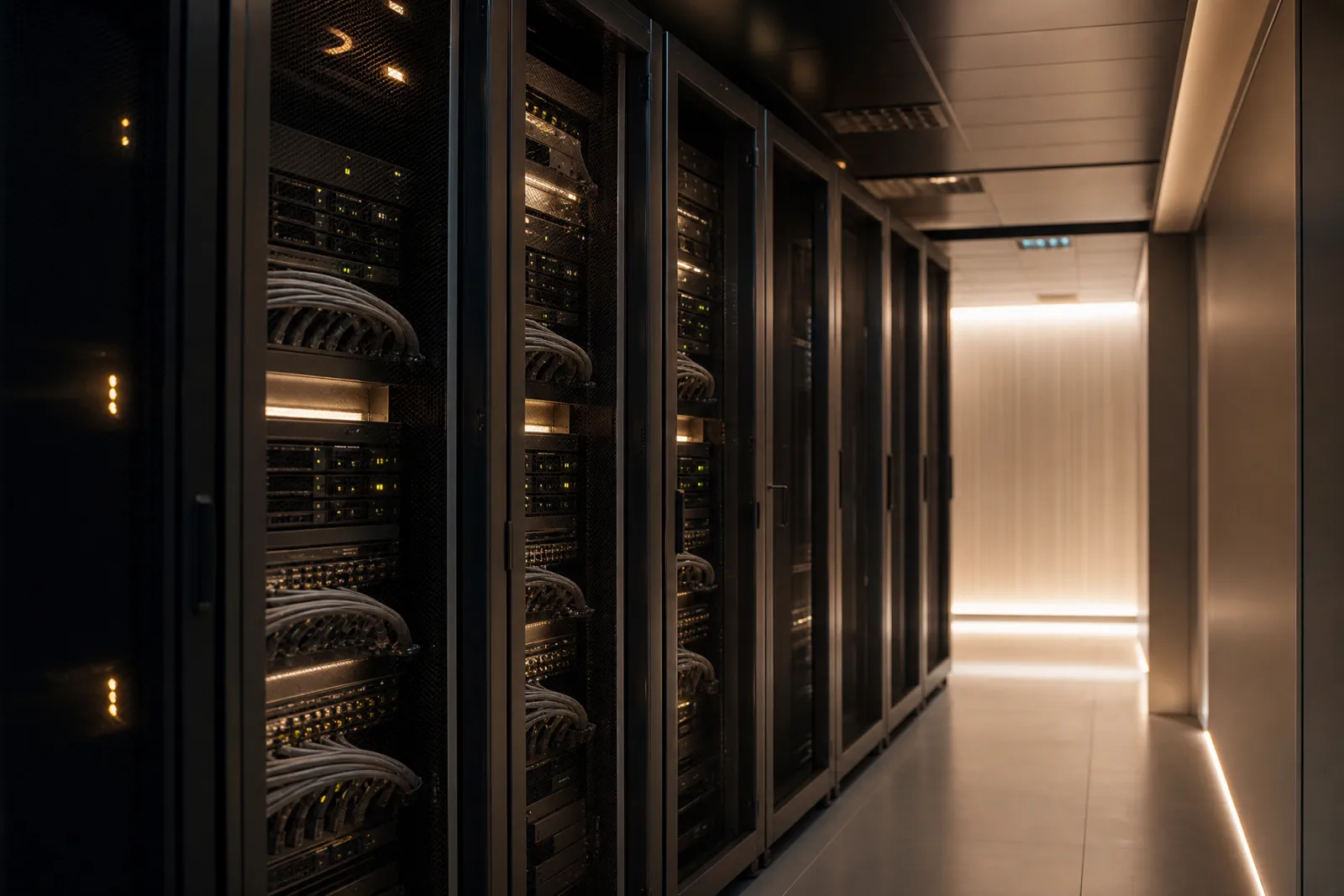 Rack di server con cavi ordinati e luci di stato, illuminazione calda