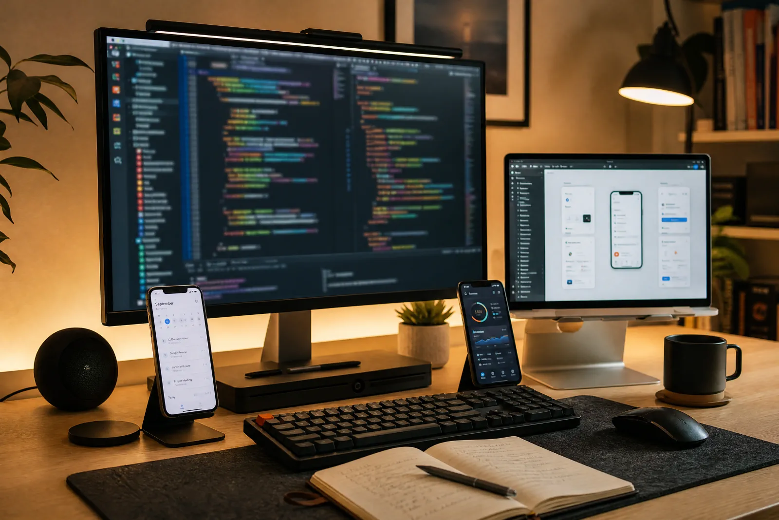 Postazione di sviluppo software: monitor con codice, mockup di app e smartphone