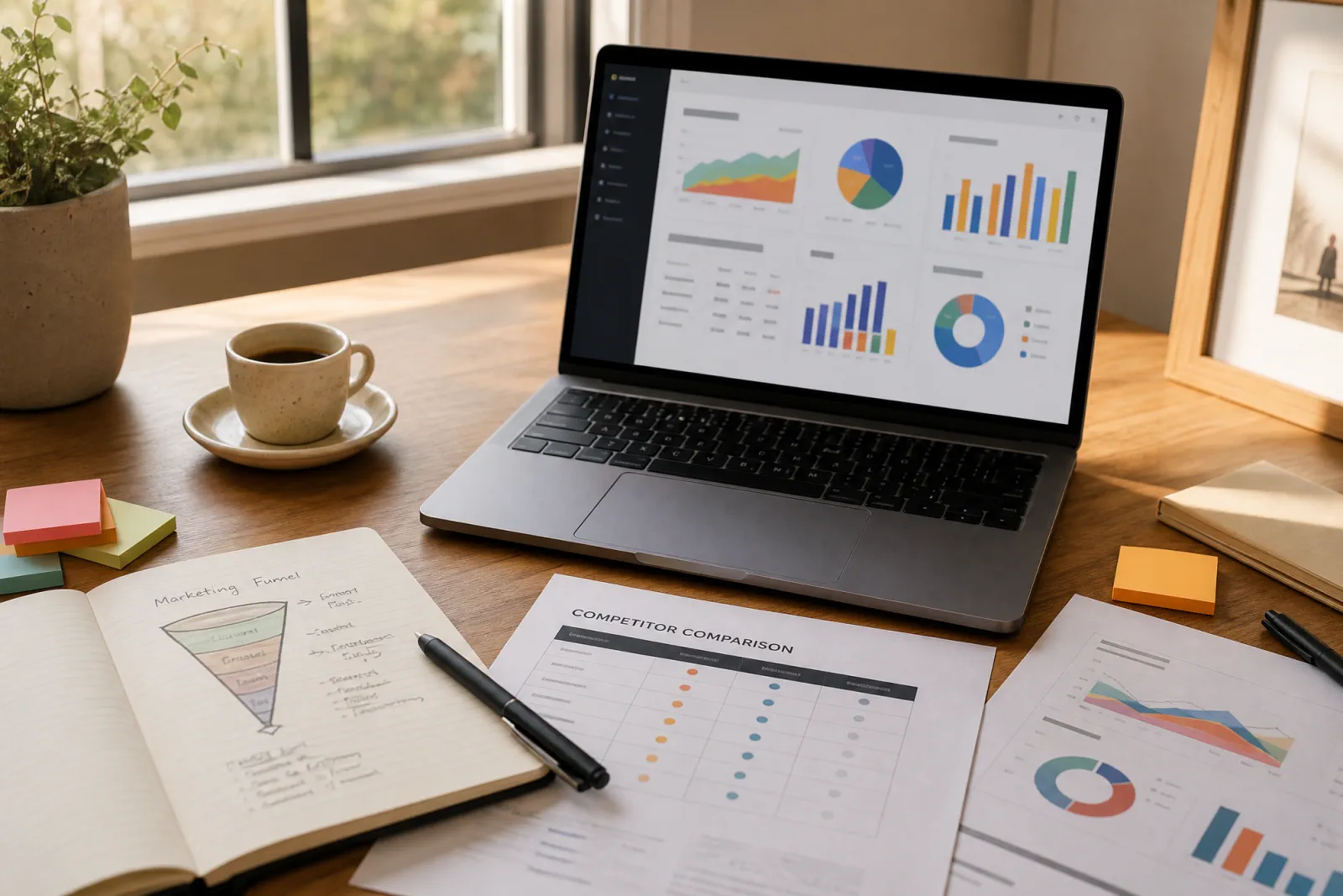 Scrivania di strategia: dashboard di analytics, note sui competitor e funnel disegnato a mano